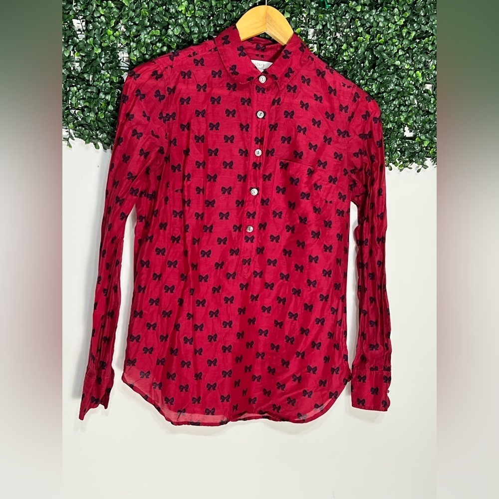 J. Crew Silk Cotton Popover in Bows Professional Holiday Red Top Blouse Size 2 - Picture 1 of 10